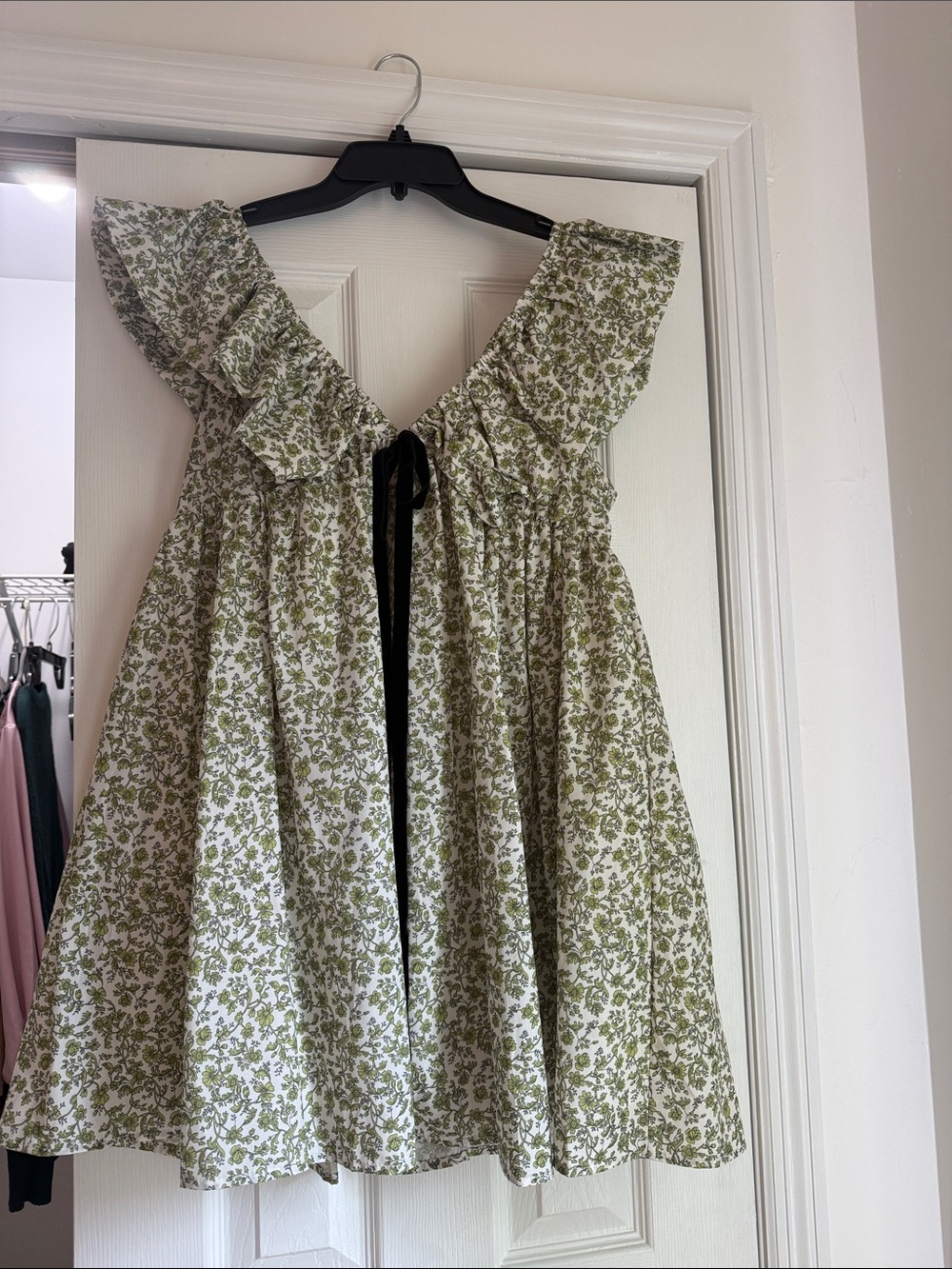 Olive Green Floral Ruffle-Trim Dress